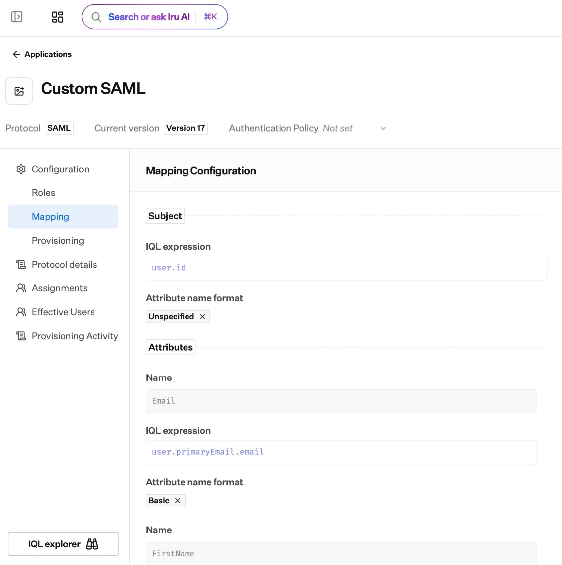 The application Mapping editor for a SAML app: the Subject mapped from the IQL expression user.id with name format Unspecified, and an Email attribute mapped from user.primaryEmail.email with name format Basic.