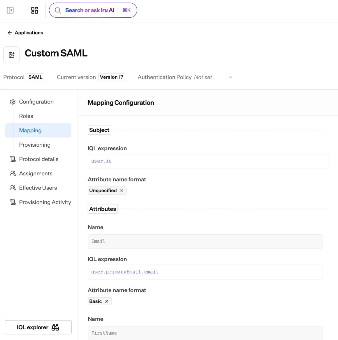 The application Mapping editor for a SAML app: the Subject mapped from the IQL expression user.id with name format Unspecified, and an Email attribute mapped from user.primaryEmail.email with name format Basic.
