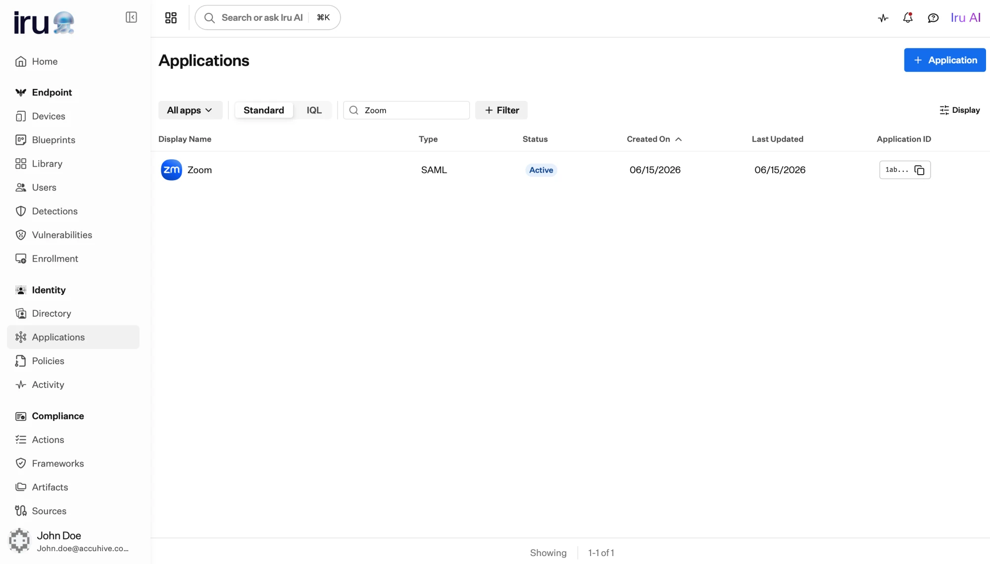 The Applications list with a Zoom app of type SAML and status Active, plus columns for Created On, Last Updated, and a copyable Application ID.