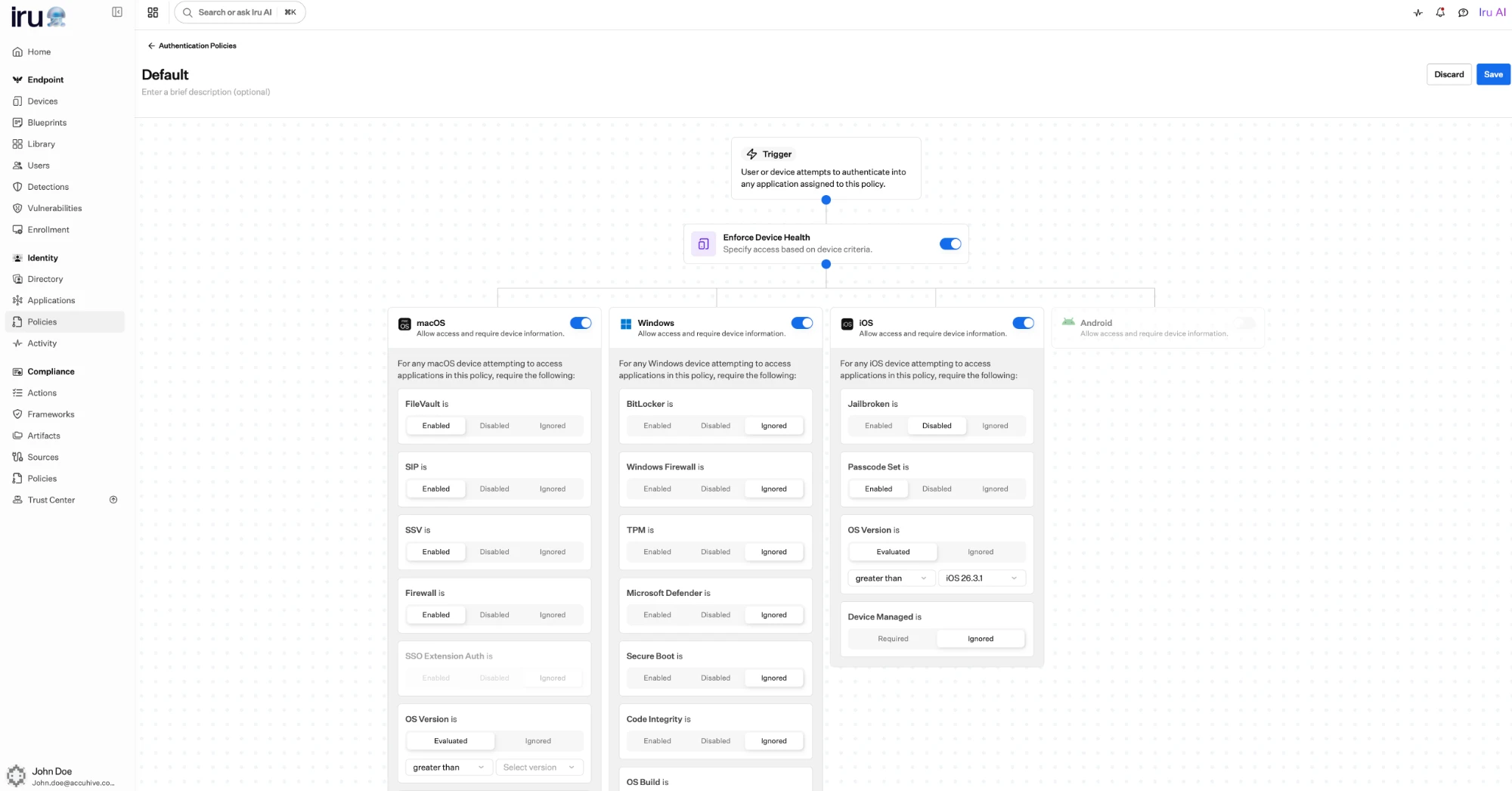 The authentication policy editor: a Trigger node connected to an Enforce Device Health node that branches into macOS, Windows, iOS, and Android columns. Each platform lists device-health checks such as FileVault, BitLocker, Jailbroken, Passcode Set, and OS Version, each set to Enabled, Disabled, or Ignored.