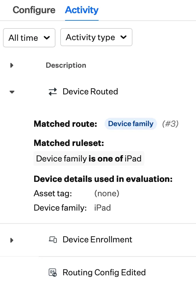 Device Routed activity entry showing matched ruleset and device details