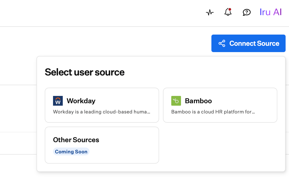 The Select user source picker opened from Connect Source, offering Workday, Bamboo, and an Other Sources option marked Coming Soon.