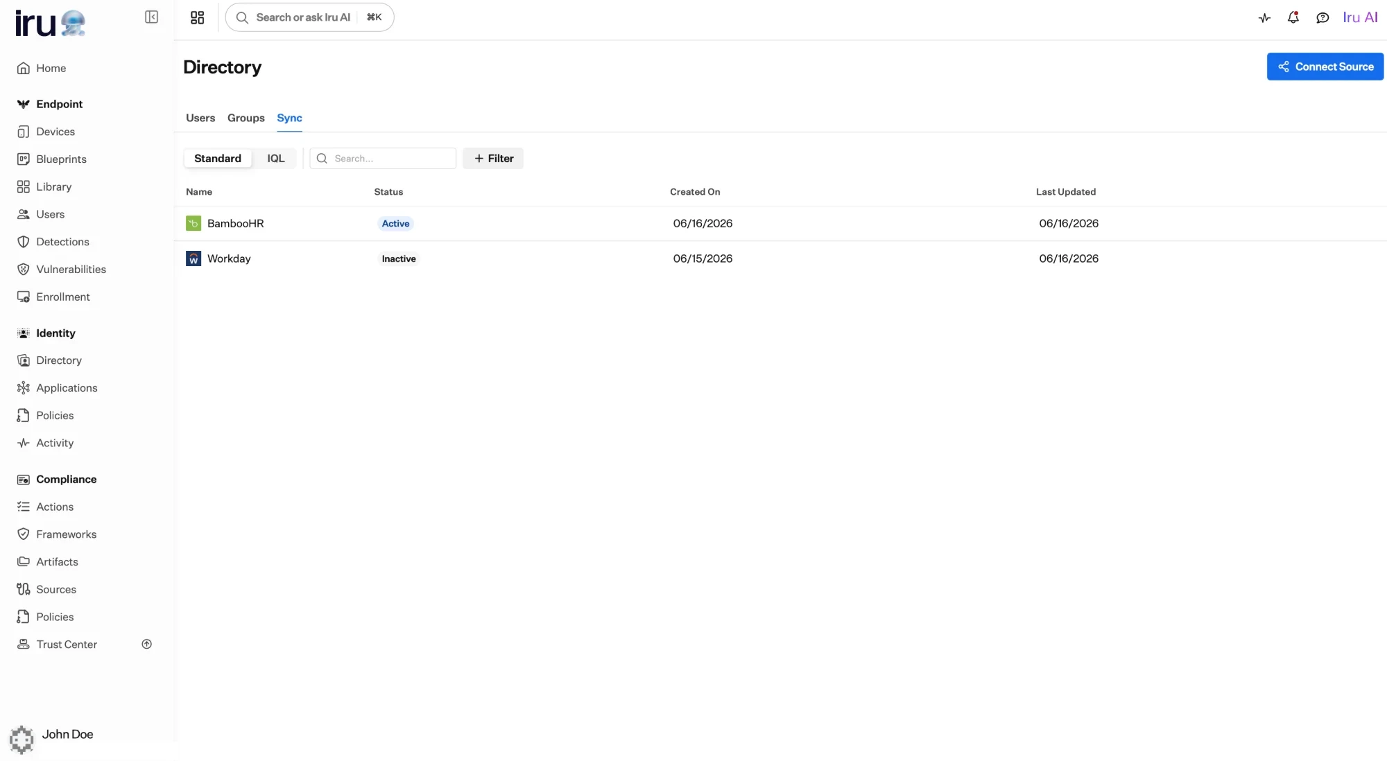 The Directory page in Iru on the Sync tab, listing connected sources with their status.