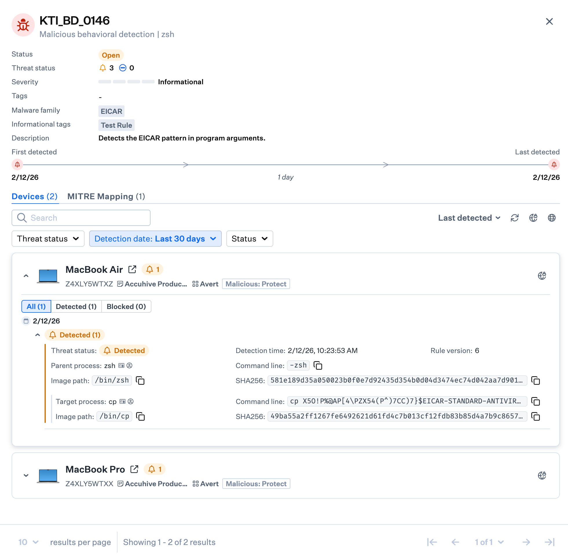 Detections page with behavioral detection status Detected in Detect mode