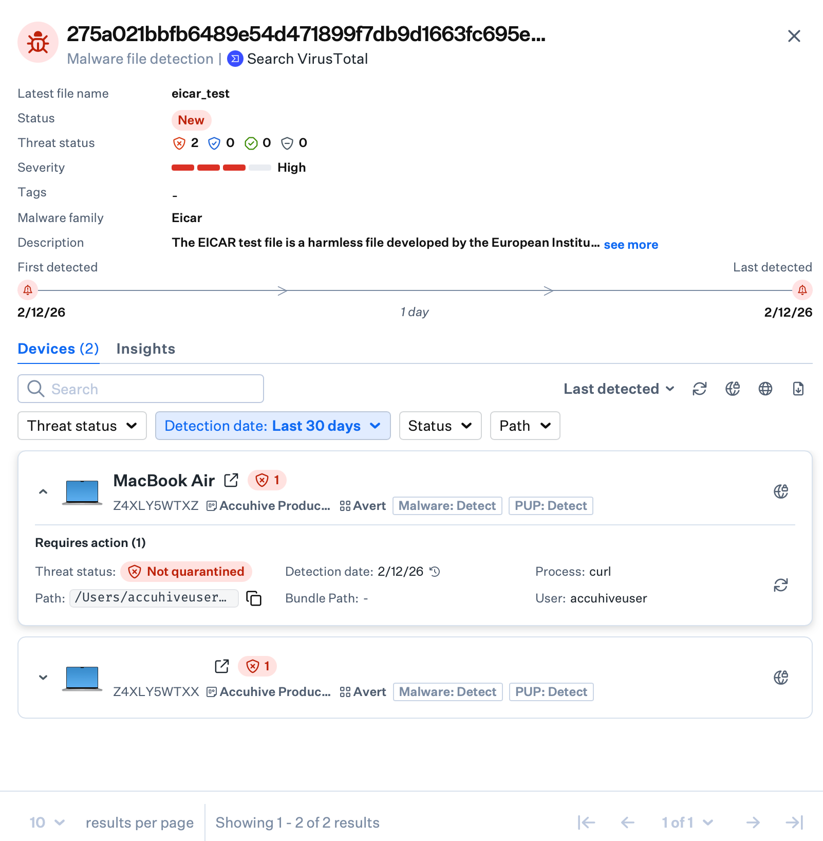 Detections page with EICAR test file detected and status Not quarantined