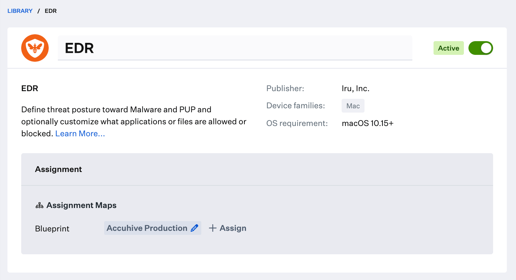 EDR Library Item configuration interface showing settings or Blueprint assignment