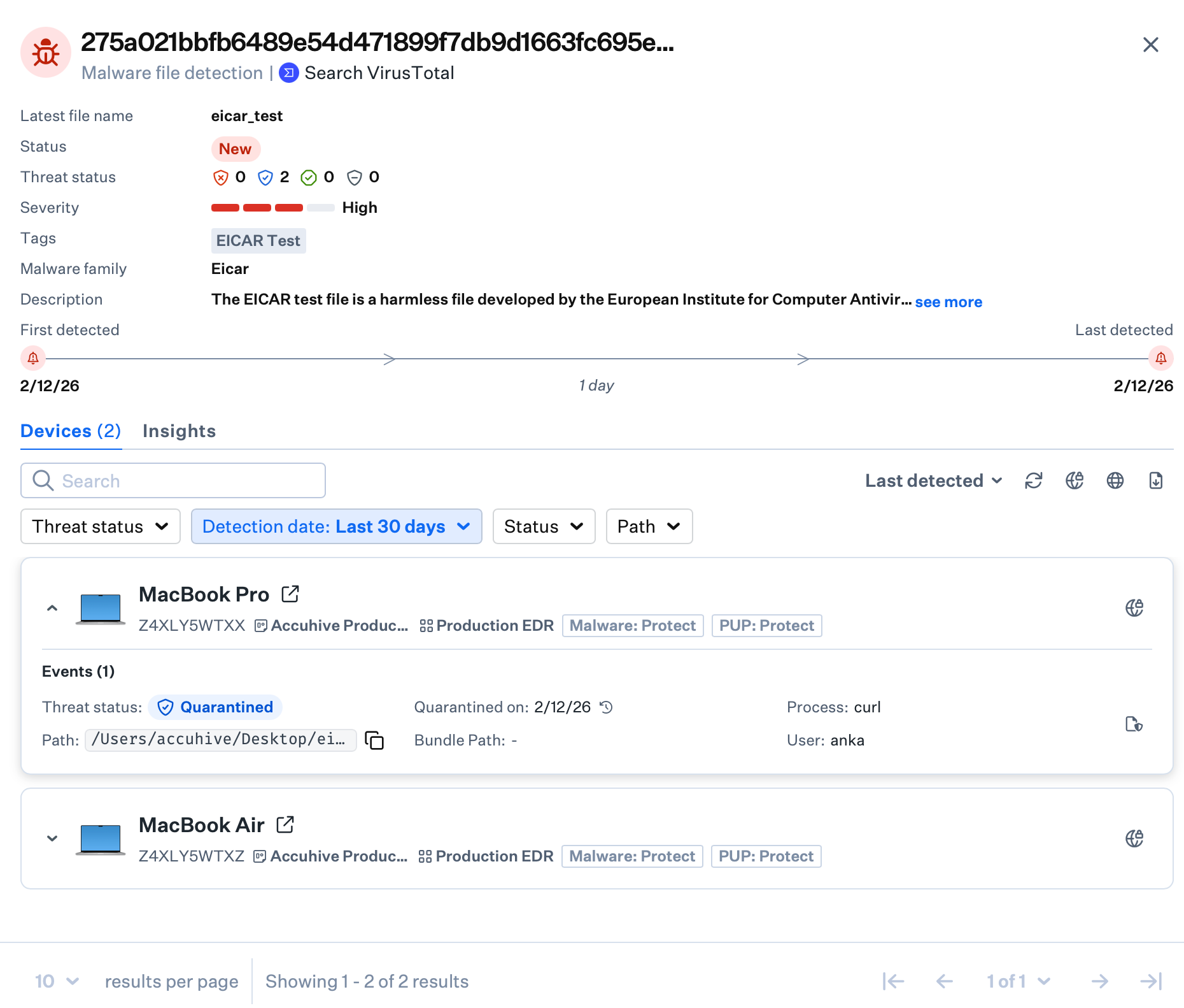 EDR threat detail with status Quarantined after EICAR executable bit added