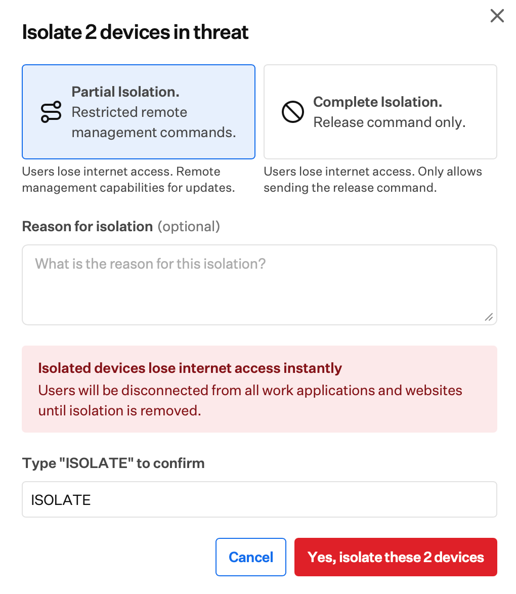 Bulk isolate confirmation dialog requiring ISOLATE typed to confirm