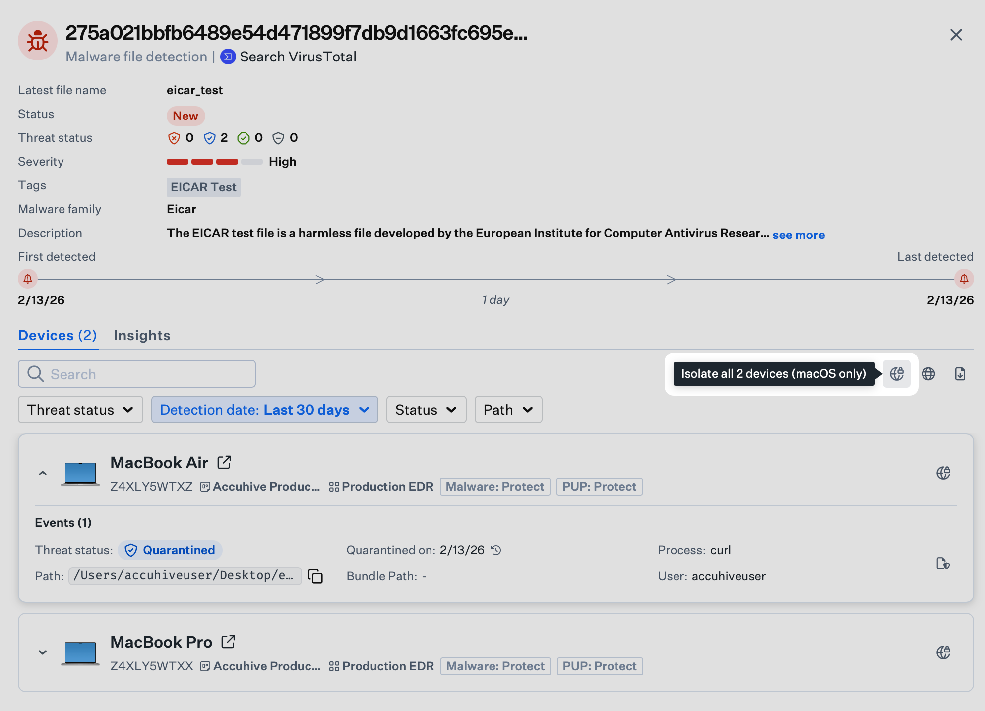 Isolate globe icon at detection level in the side panel to isolate all devices for the threat