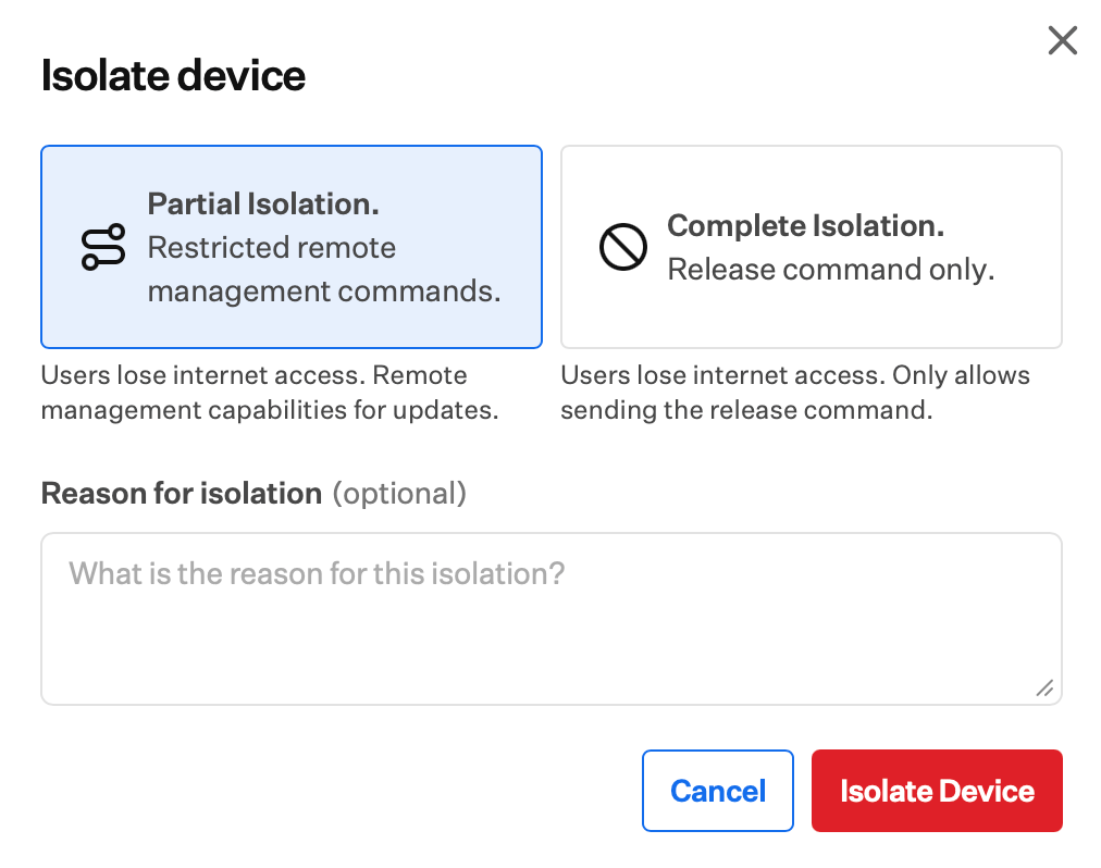 Isolate device confirmation dialog with Partial or Complete isolation type and optional comment