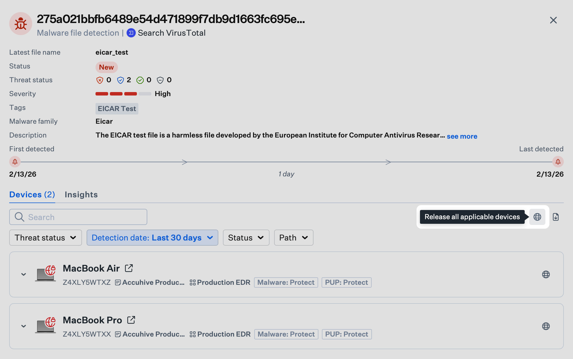 Release globe icon at detection level to restore access for all isolated devices