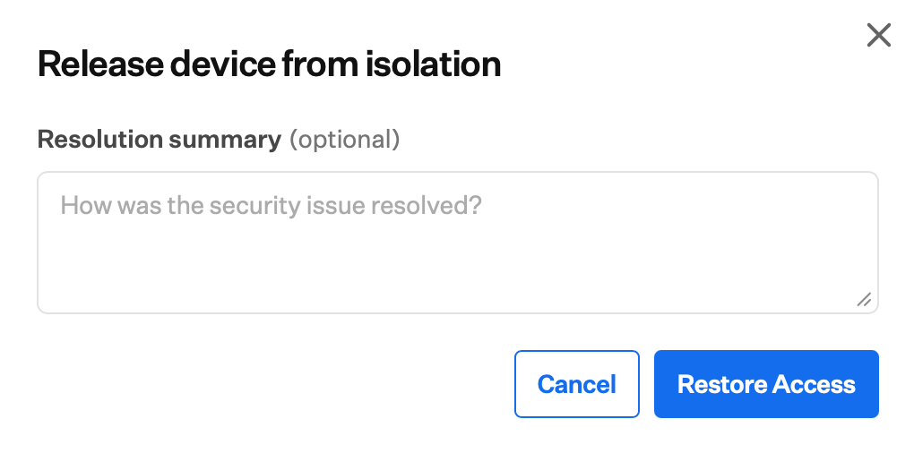 Restore access confirmation dialog with optional comment