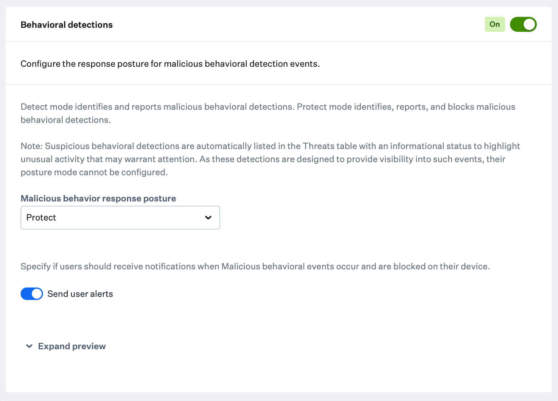 Behavioral detection settings with Malicious behavior posture options
