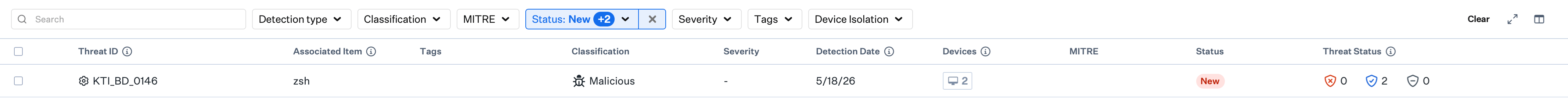 Detections List (detections table) on the Detections page