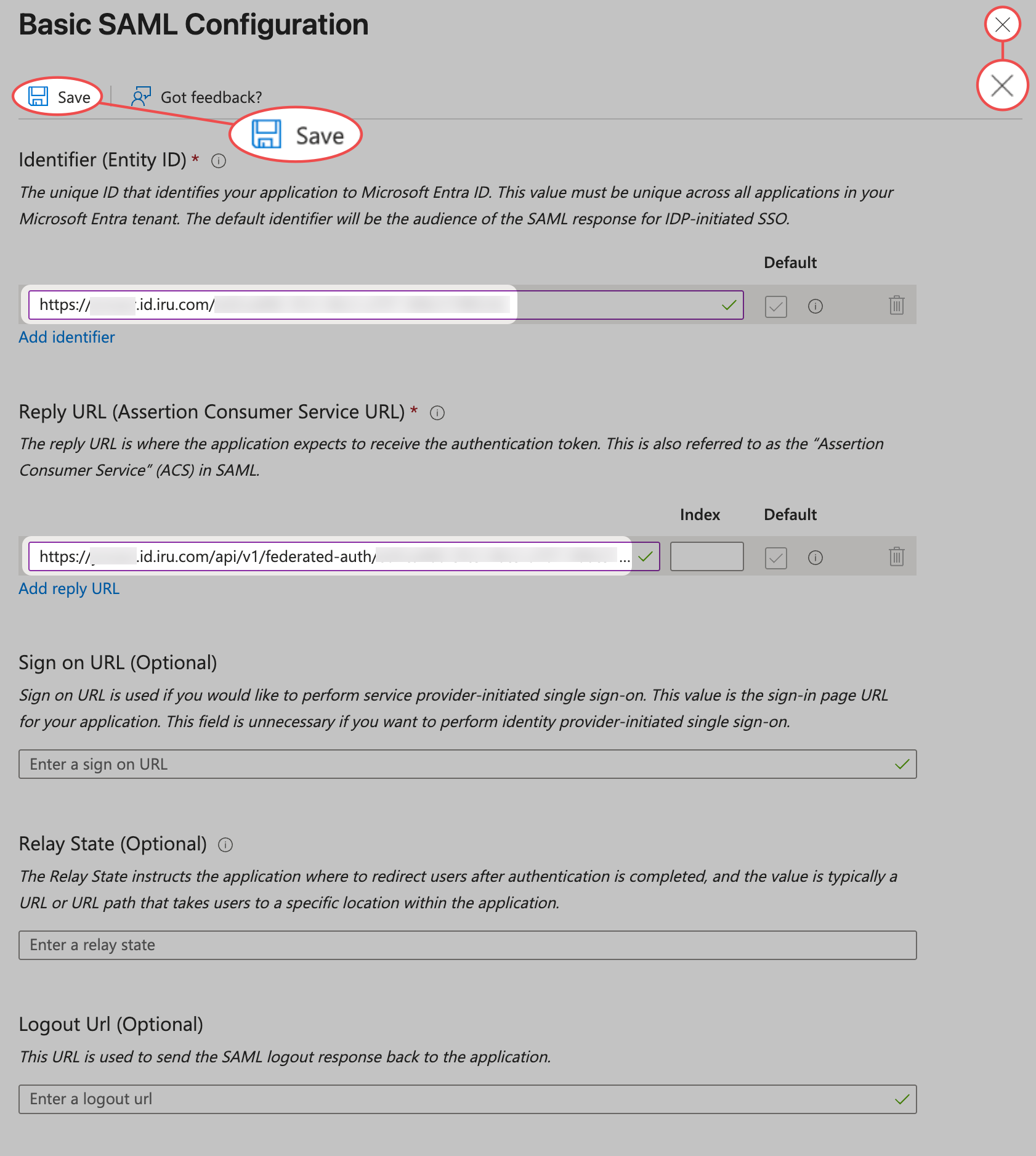 Entra ID Identifier and Reply URL Save and close