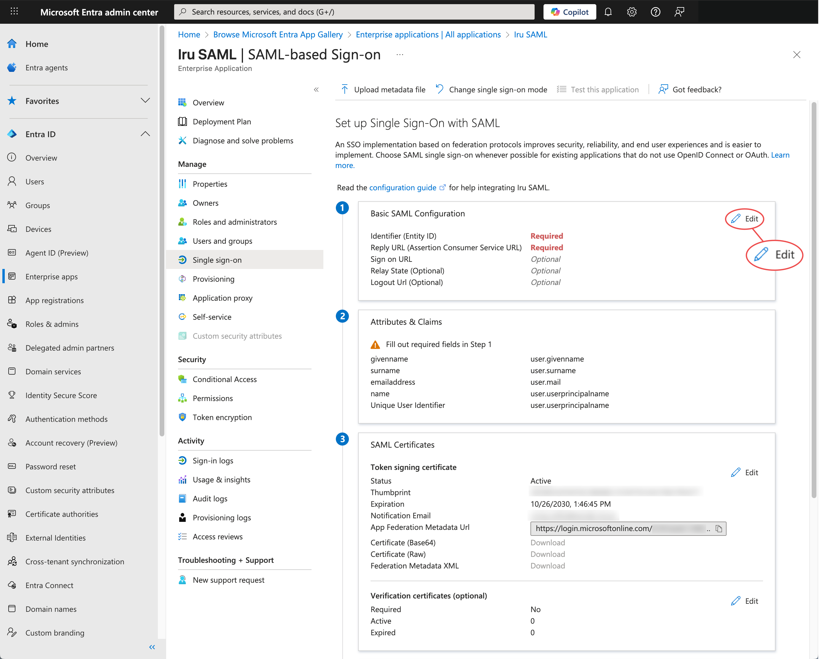 Entra ID Edit Basic SAML configuration