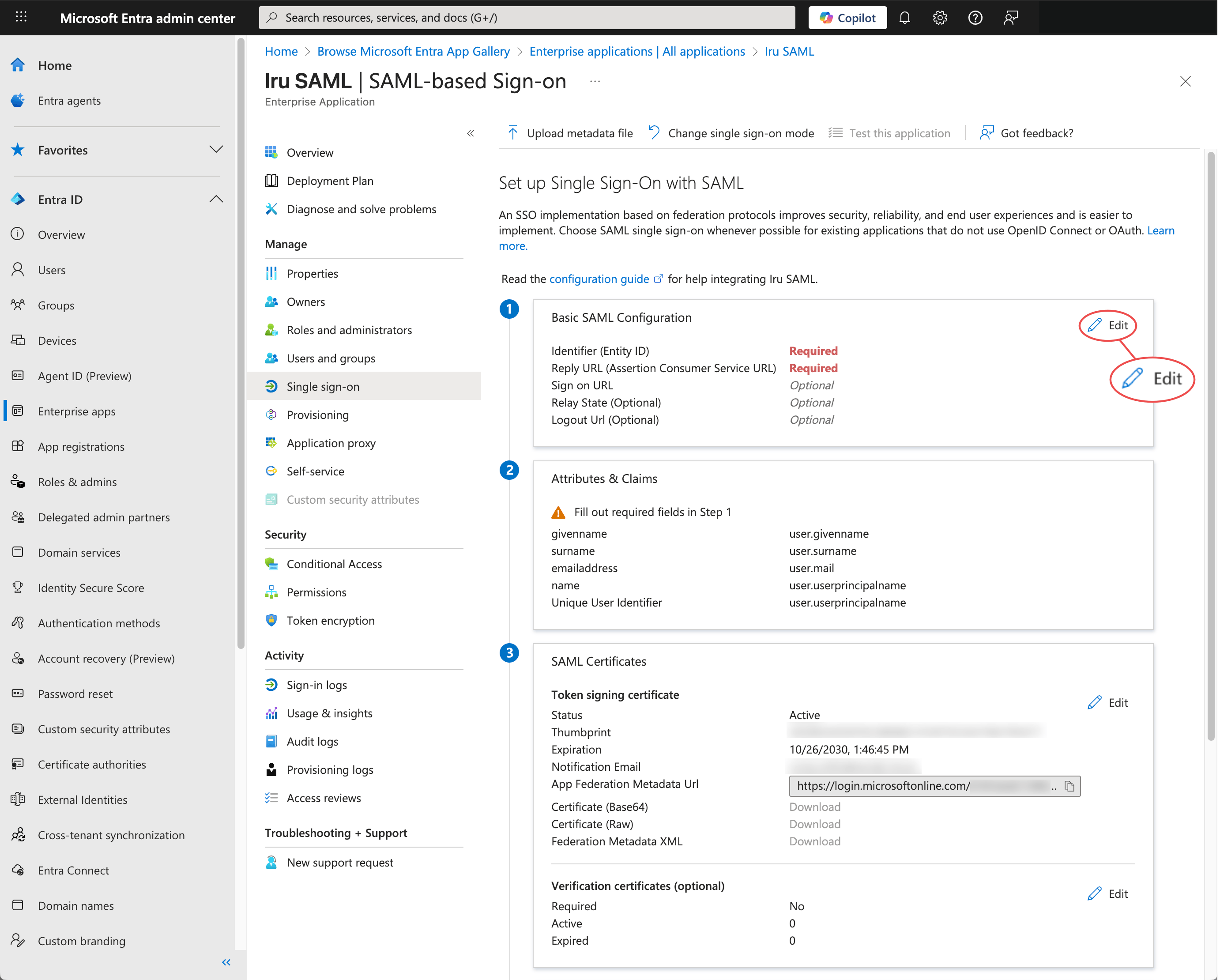 Entra ID Edit Basic SAML configuration