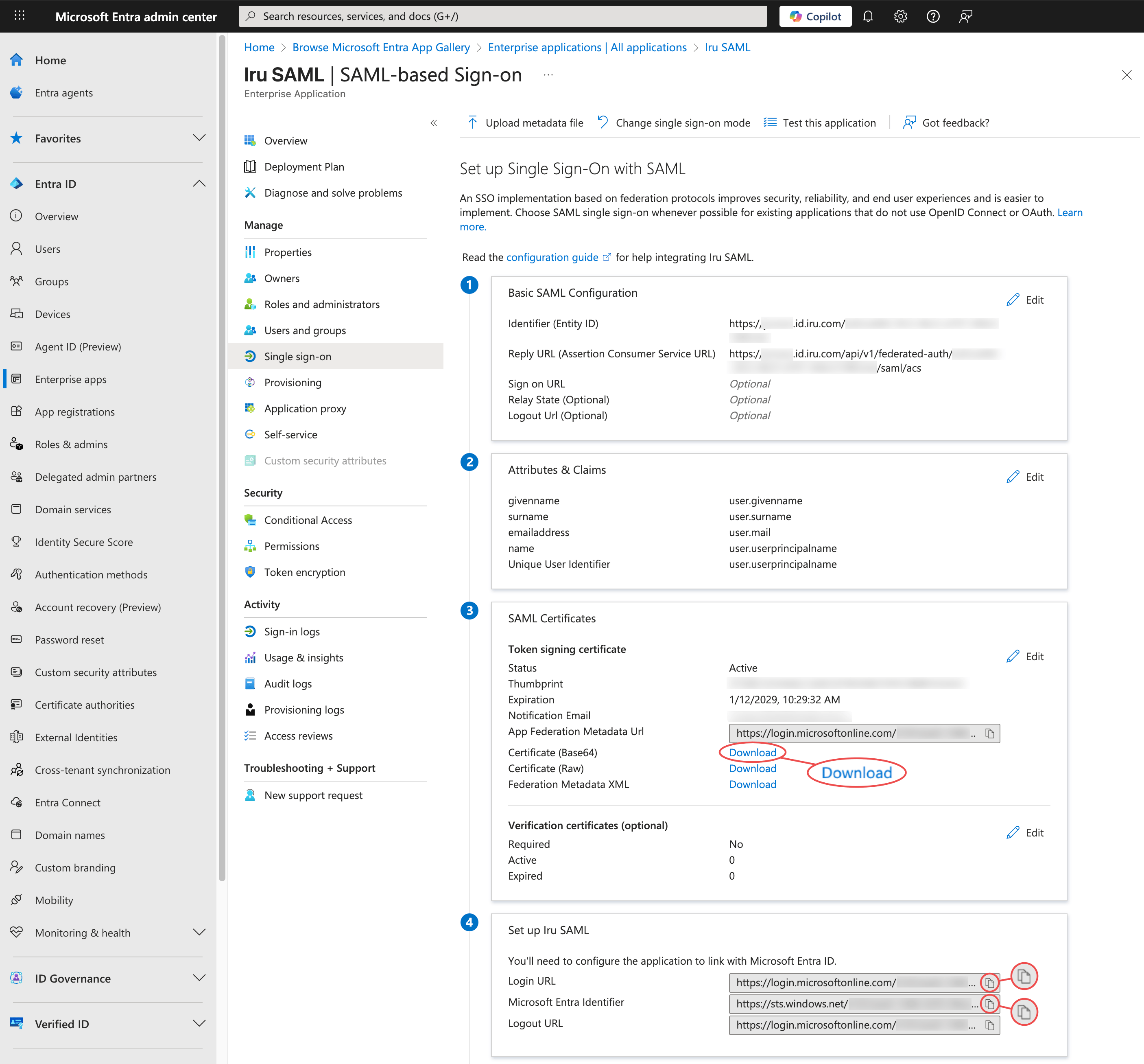Entra ID Set up section Login URL and Microsoft Entra Identifier