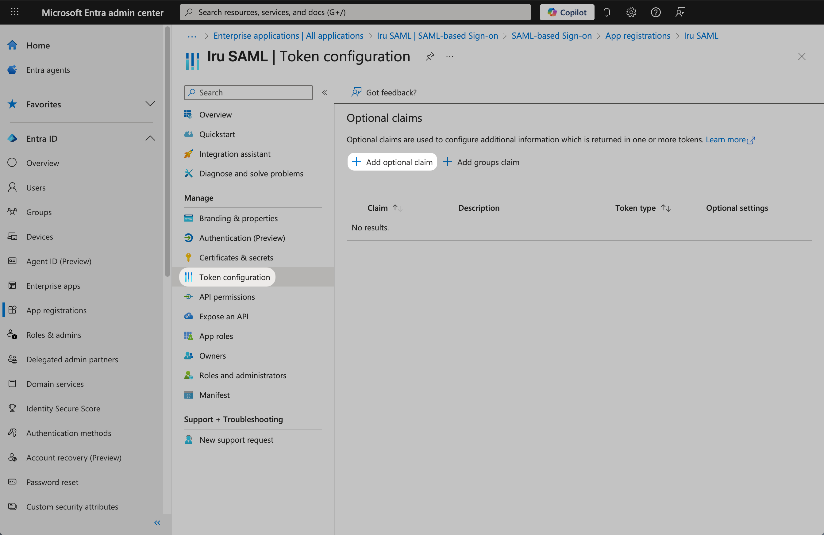Entra ID Token configuration Add optional claims