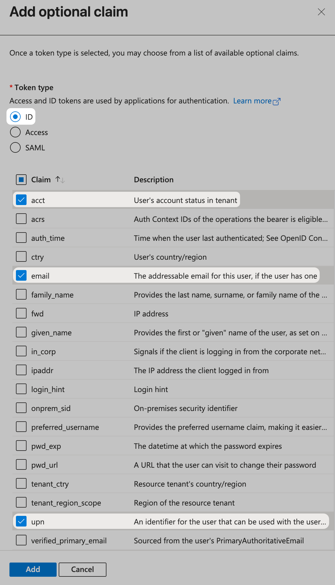 Entra ID Optional claims ID acct email upn Add