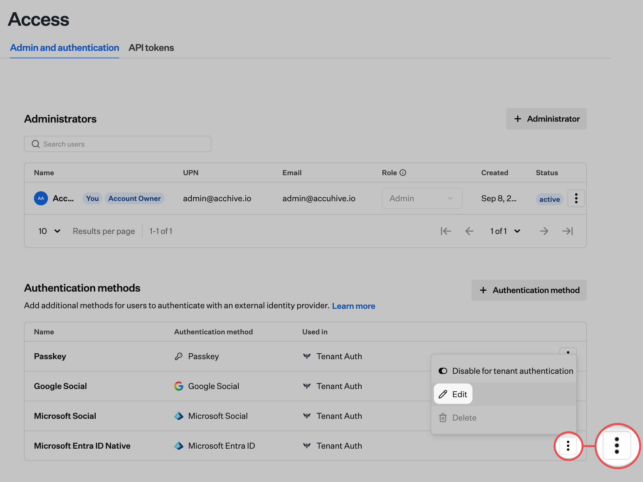 Iru Endpoint ellipsis next to SSO integration Edit