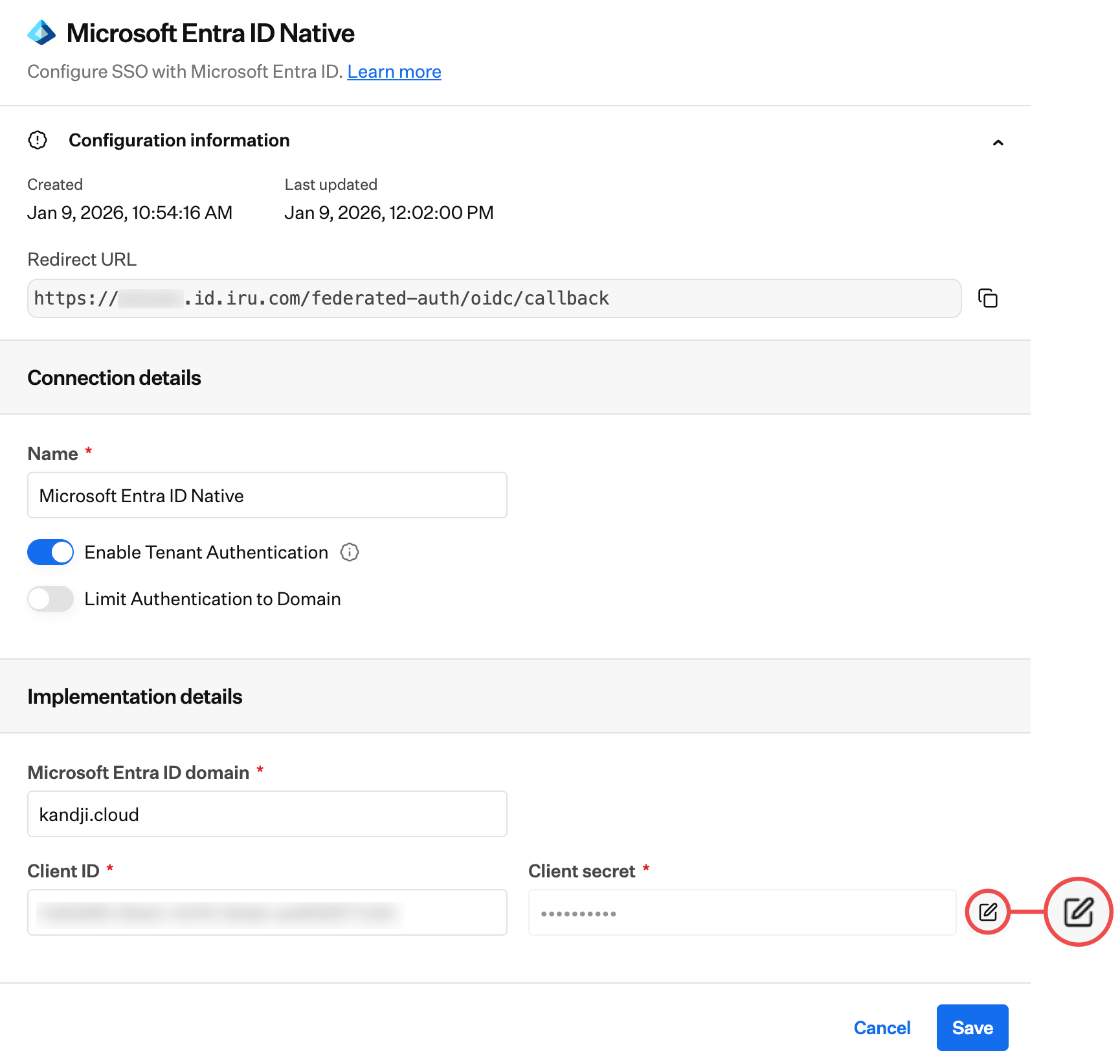 Iru Endpoint Edit client secret button