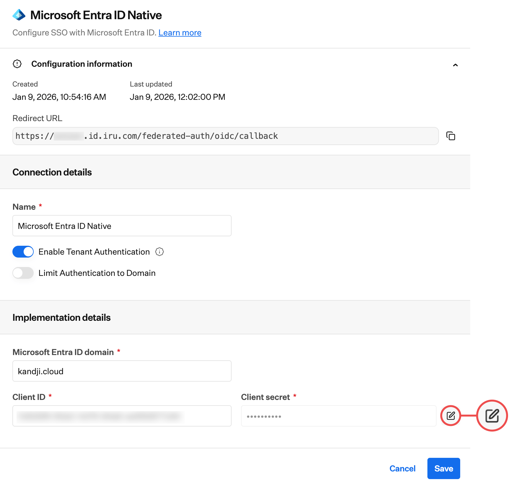 Iru Endpoint Edit client secret button