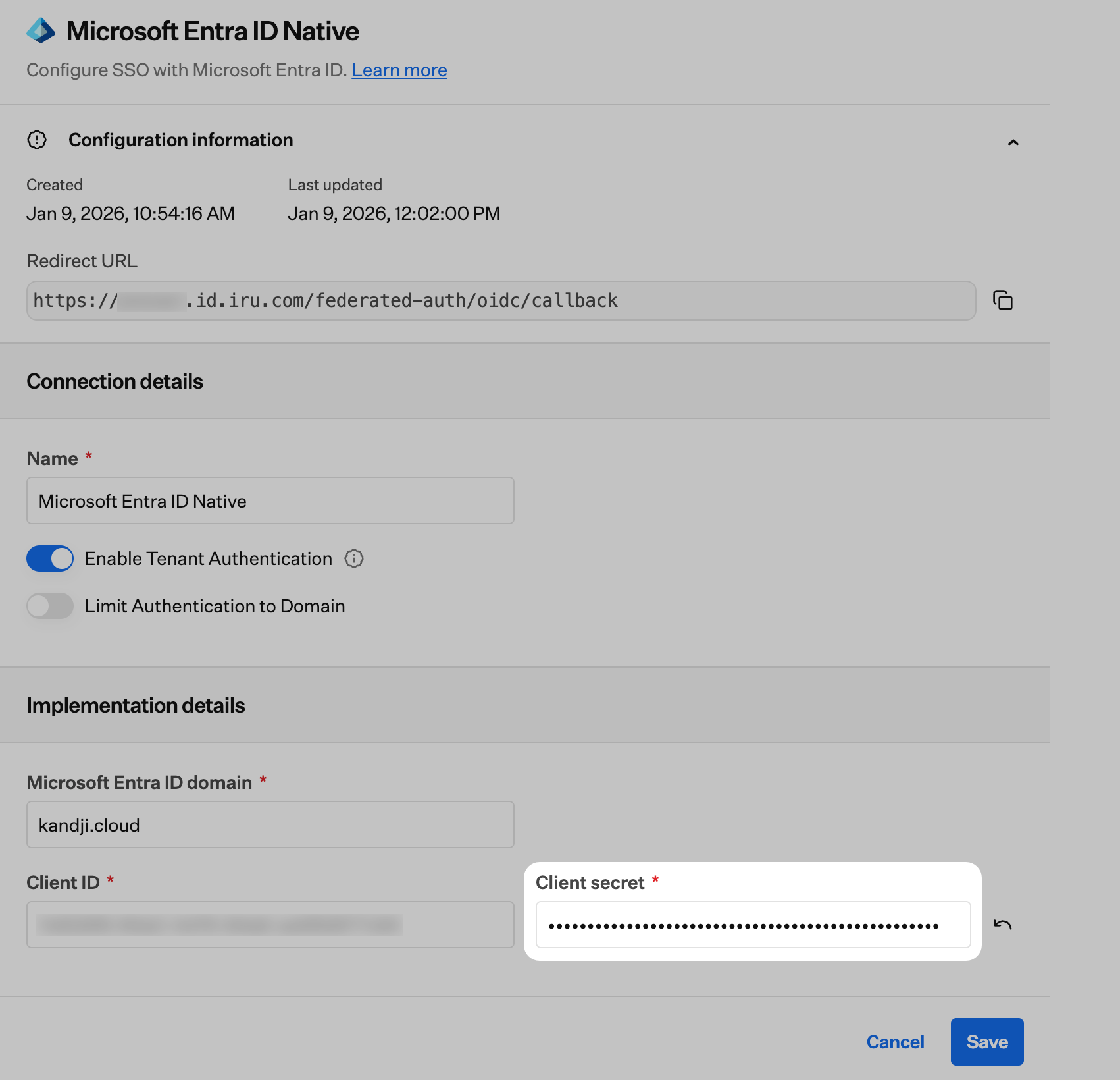 Iru Endpoint Save after updating client secret