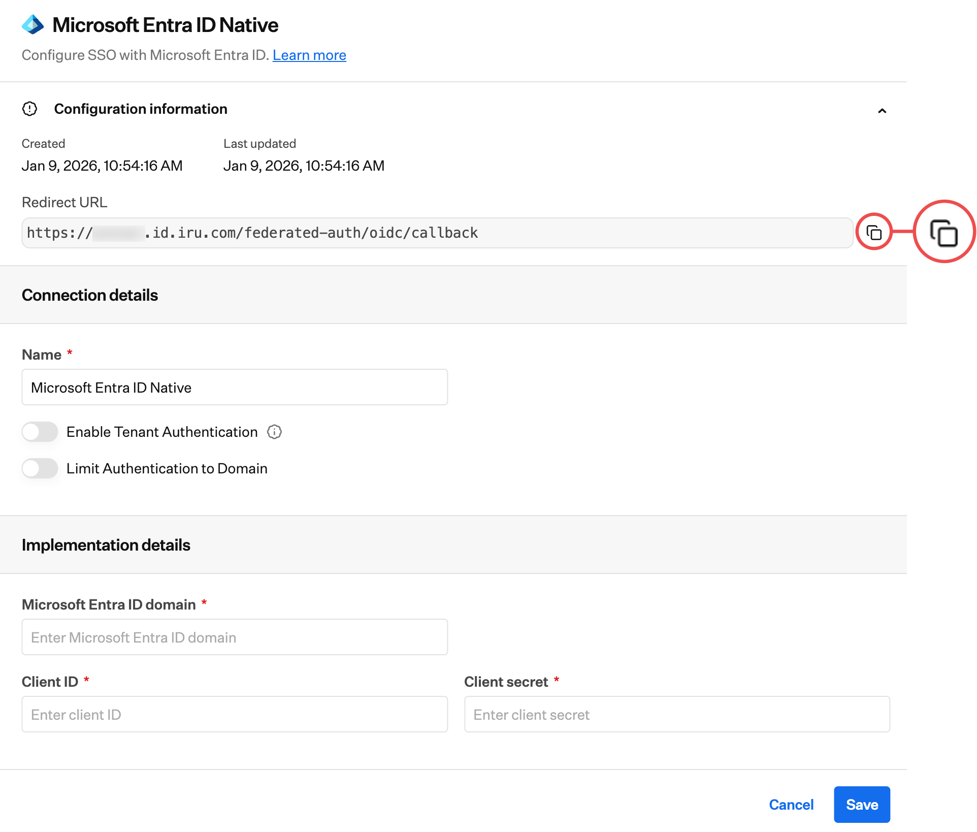 Iru Endpoint Copy Redirect URL for Entra ID