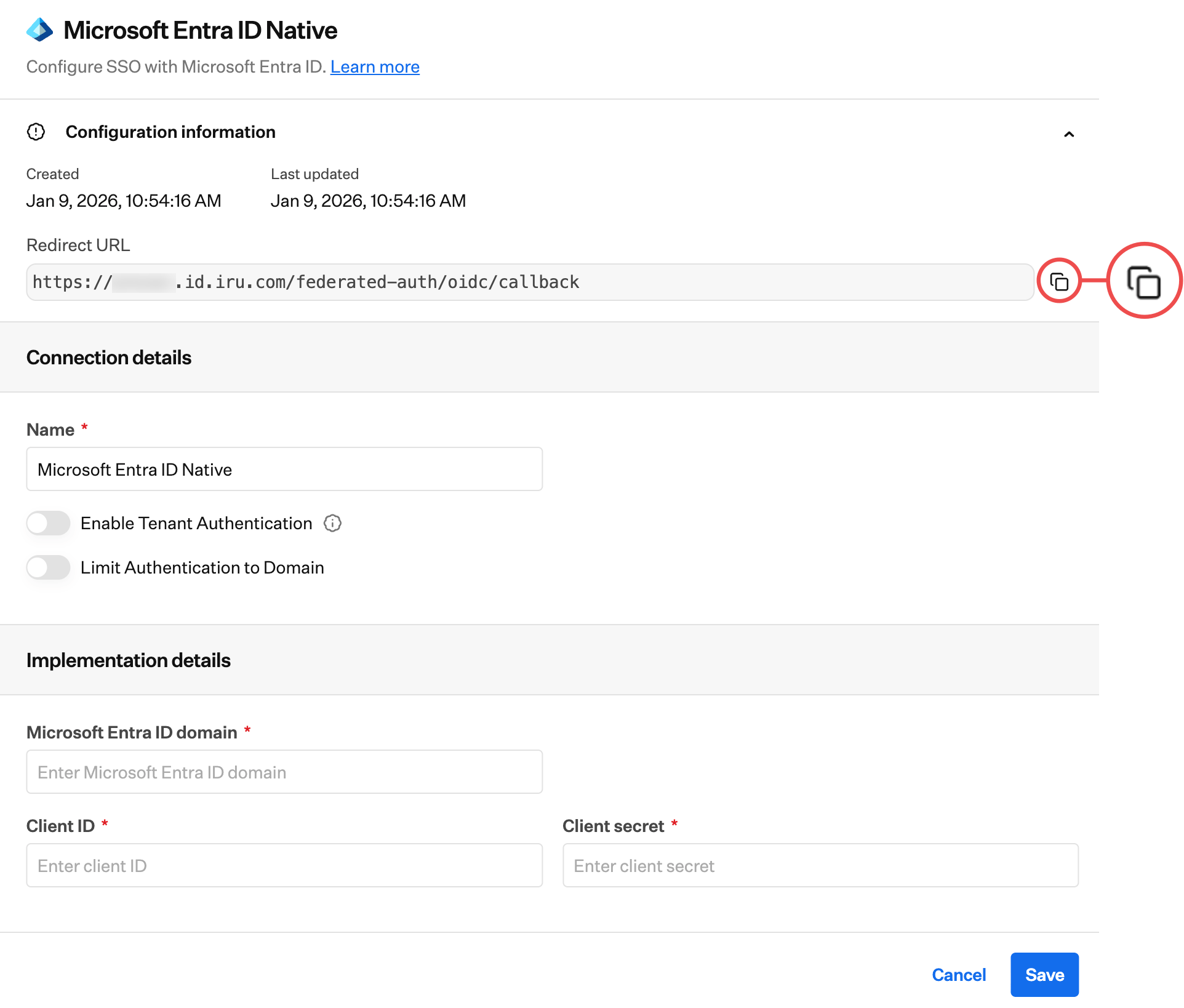 Iru Endpoint Copy Redirect URL for Entra ID