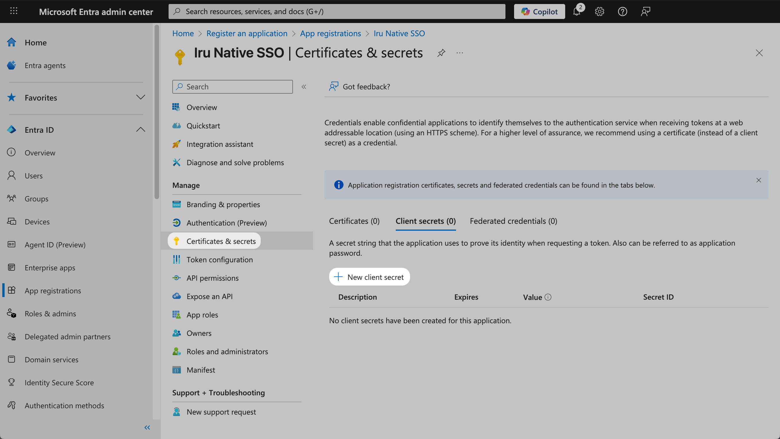 Entra ID Certificates and Secrets New client secret