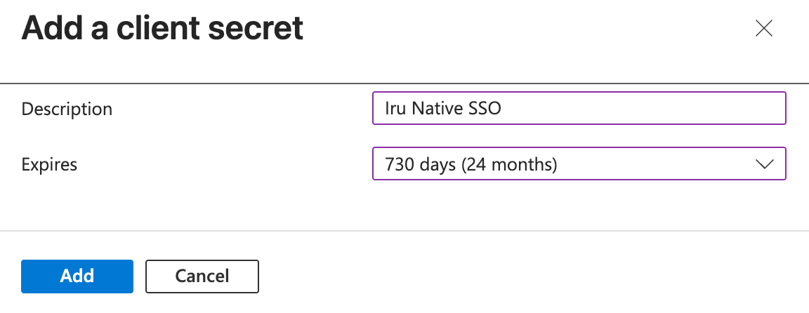 Entra ID Client secret Description expiration Add