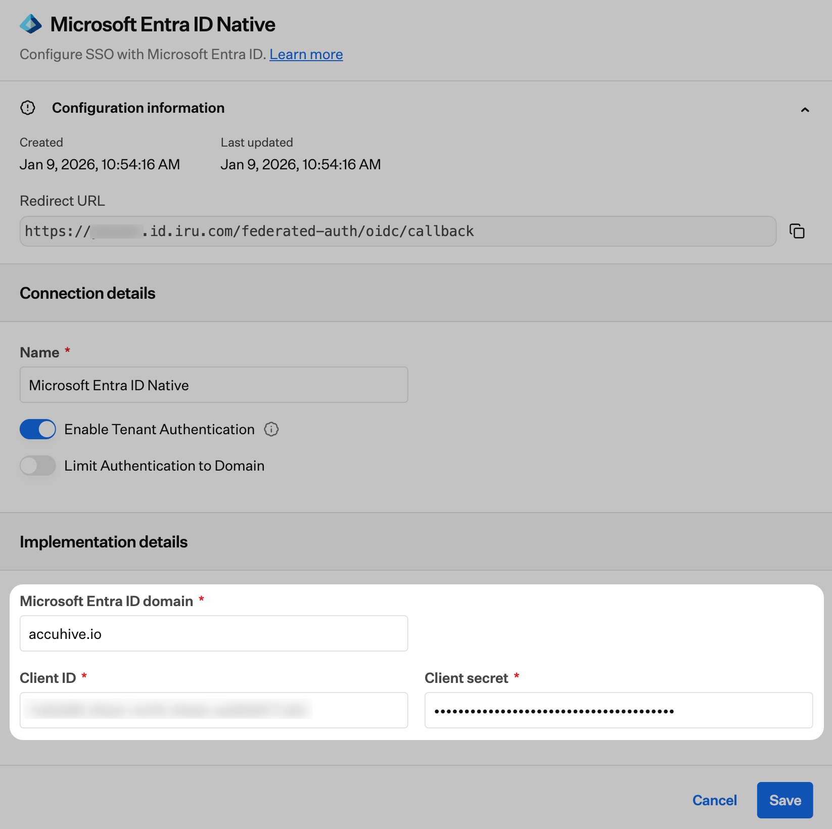 Iru Endpoint Tenant ID Client ID Client Secret Save
