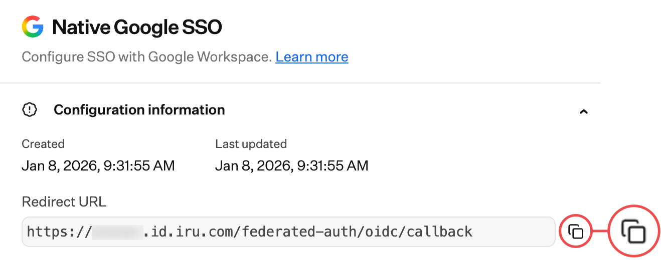 Iru Endpoint SSO Redirect URL to copy for Google Workspace
