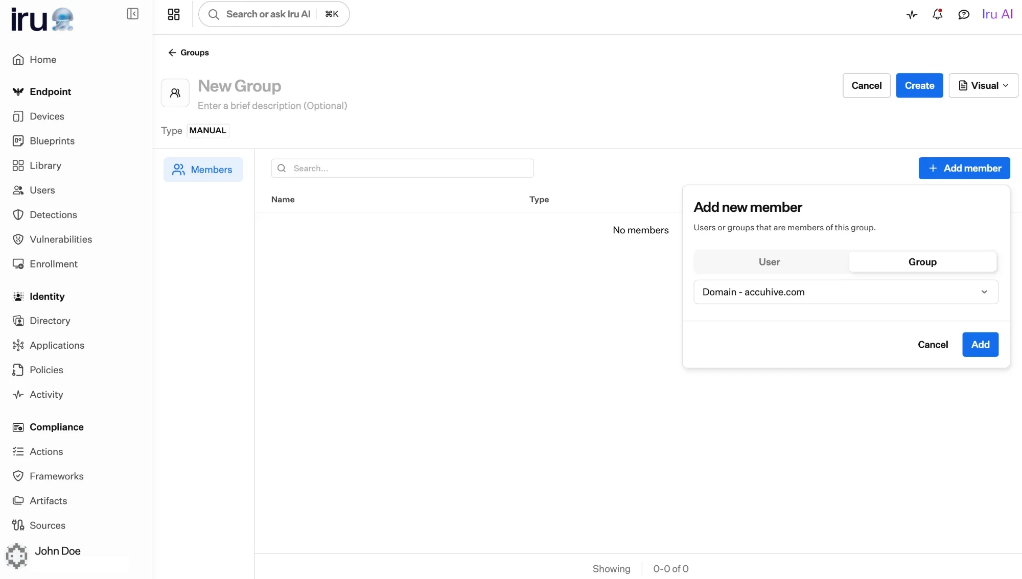 Creating a new manual group with the Add new member panel open, toggled to Group, selecting the group 'Domain - accuhive.com' to add as a member.