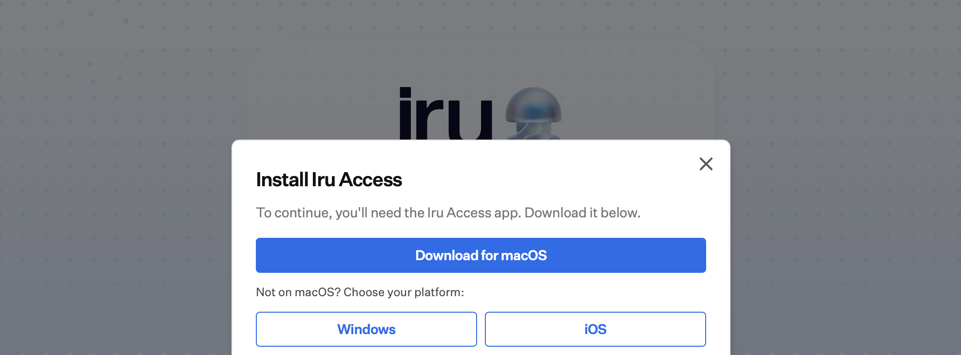 The Install Iru Access prompt with a Download for macOS button and Windows and iOS options.