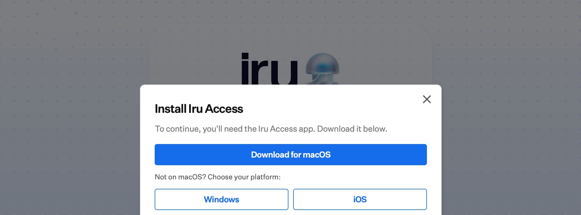 The Install Iru Access prompt with a Download for macOS button and Windows and iOS options.