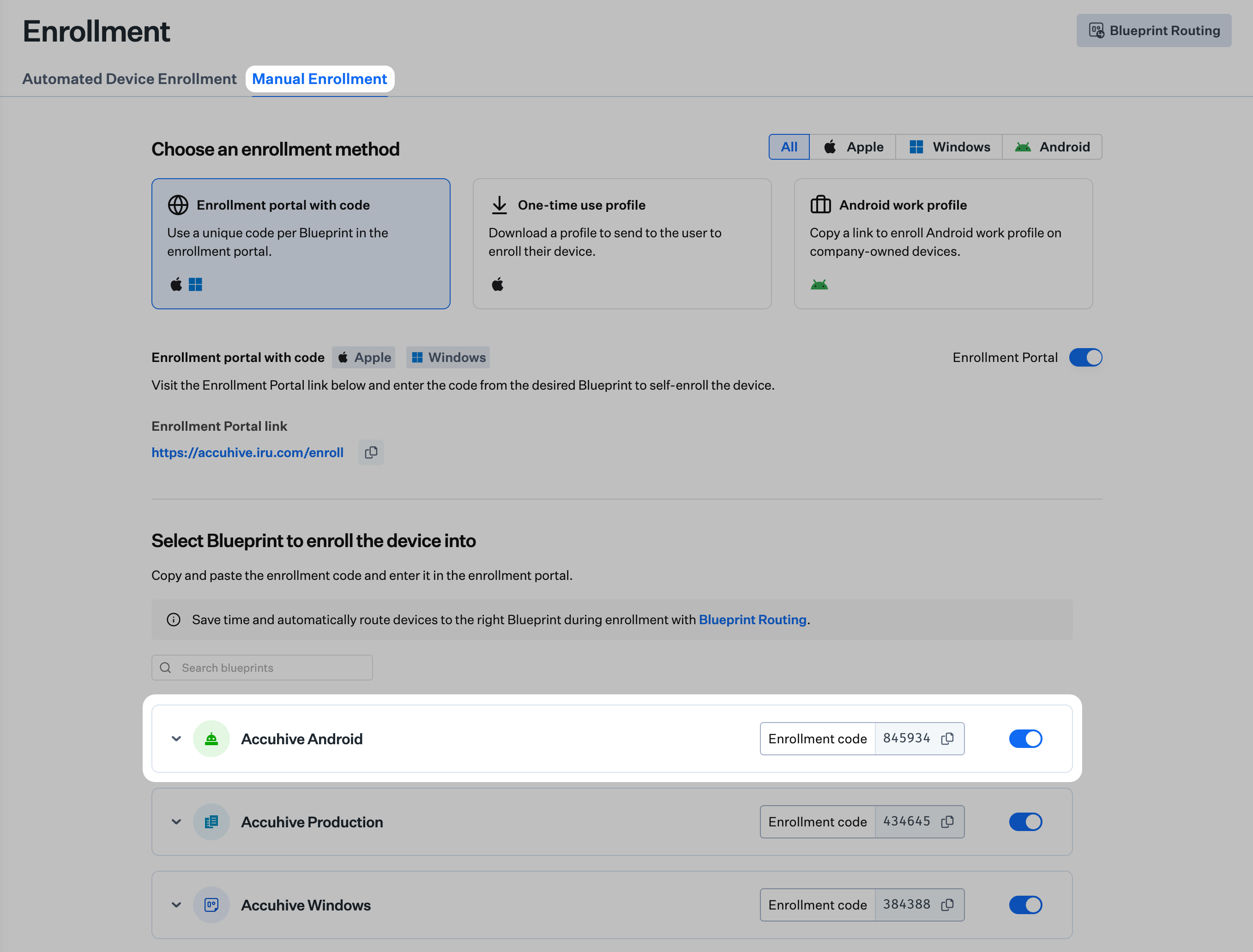 Manual Enrollment page with Blueprint row and expand chevron