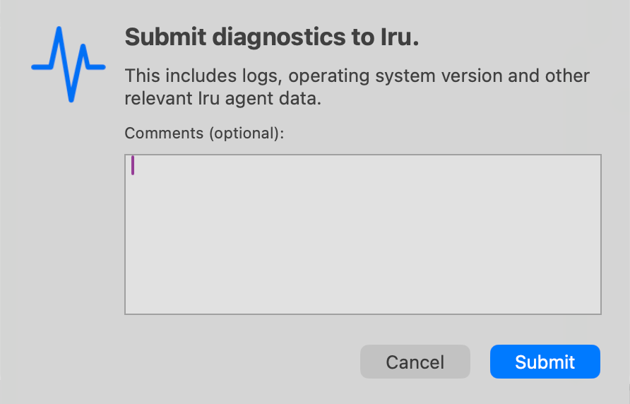 Iru Endpoint menu bar flow: Submit Diagnostics and submitting diagnostic data