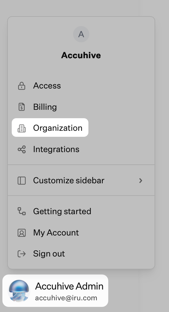 Account menu with Organization option highlighted
