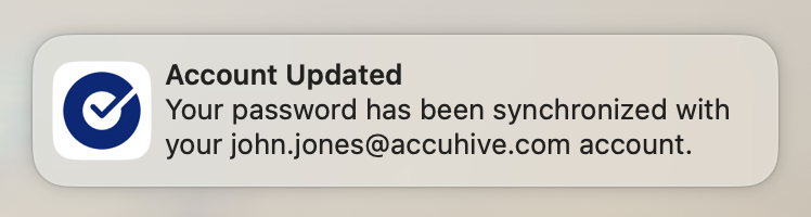 Okta Desktop Password Sync success notification confirming that the password has been synchronized successfully