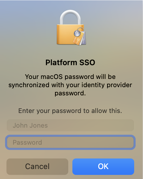 macOS password prompt dialog showing the password field where users need to enter their current computer password for Okta Desktop Password Sync registration