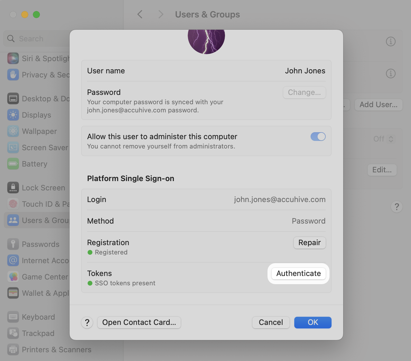 macOS System Settings user details page showing the Platform Single Sign-on section with the Authenticate button that needs to be clicked