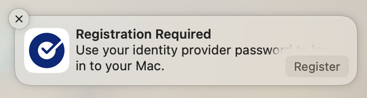 Okta Desktop Password Sync registration notification showing the Registration Required message and Register button that needs to be clicked to start the setup process