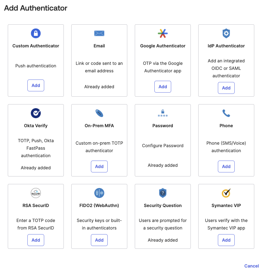 Okta Add Authenticator list