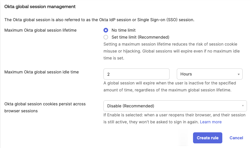 Okta Create rule for global session management