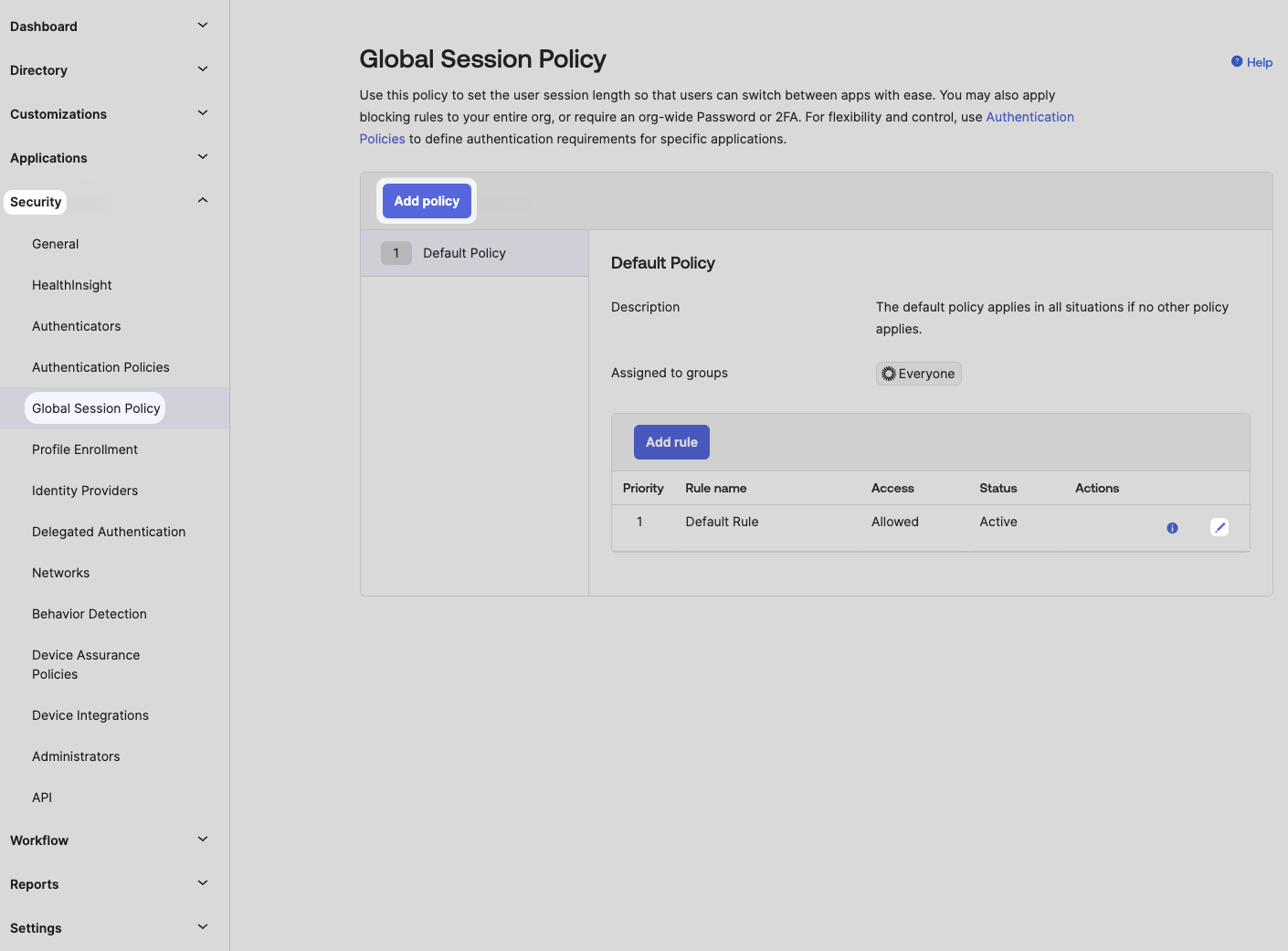Okta Global Session Policy Default Rule