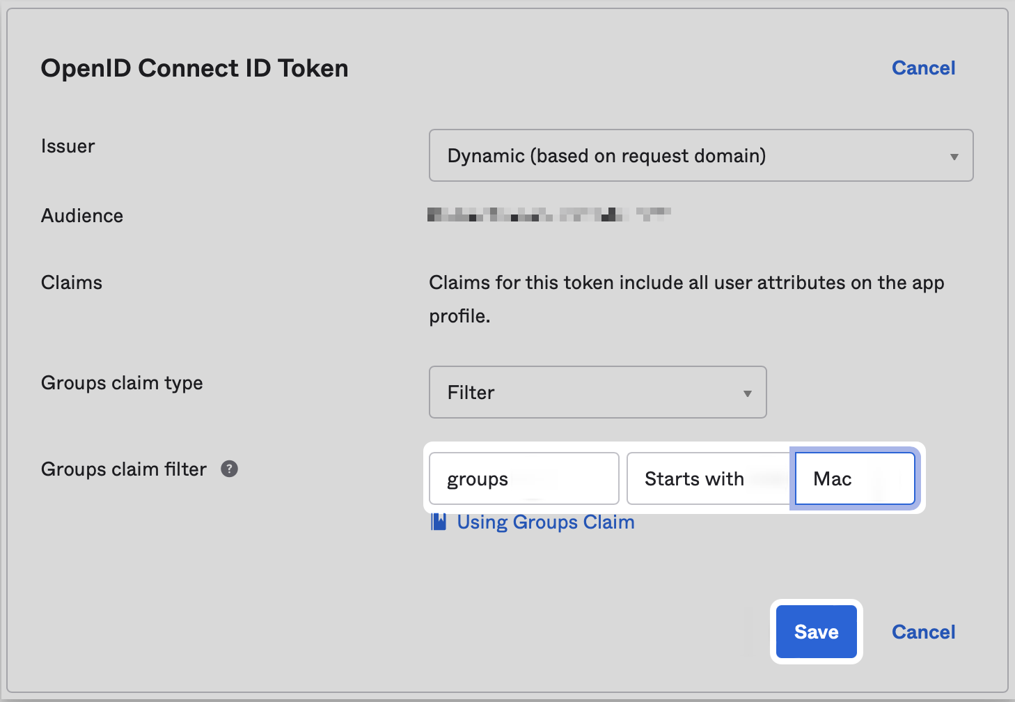 Okta Groups claim filter Starts with Mac