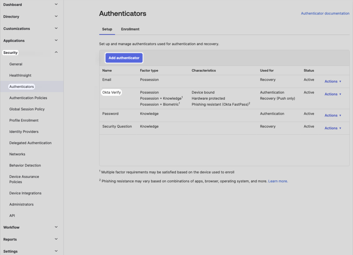 Okta Security Authenticators with Add authenticator