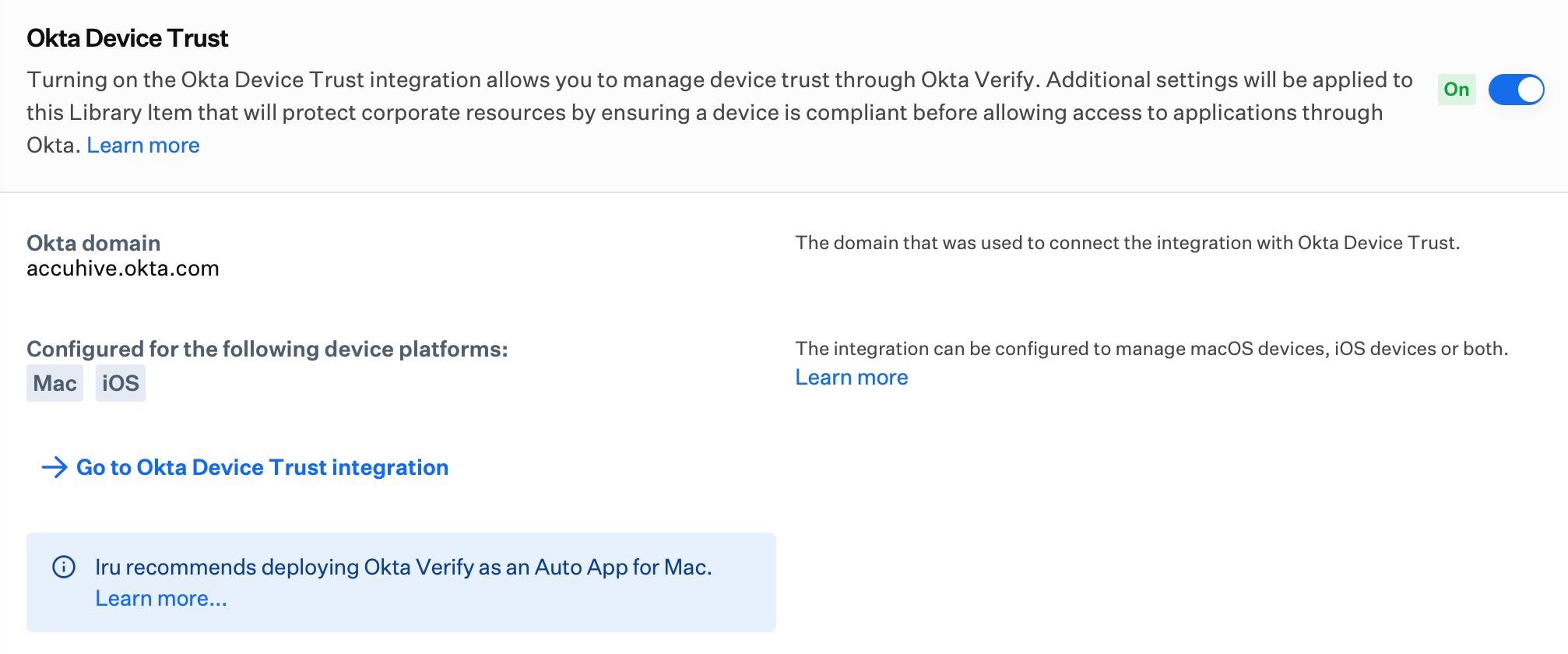 Okta Verify Library Item showing ODT configuration with device families and Okta domain